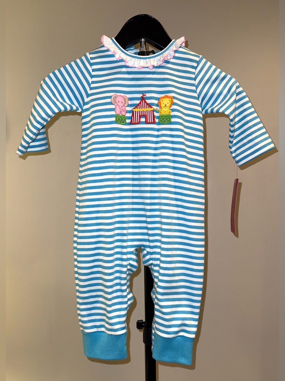 Claire & Charlie blue and white striped circus themed romper, size 18 mos, NWT